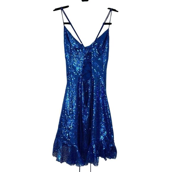 Lucy In The Sky Sequined Cowl Neck Lace Up Back Ruffle Hem Mini Dress Blue XS - Picture 3 of 6